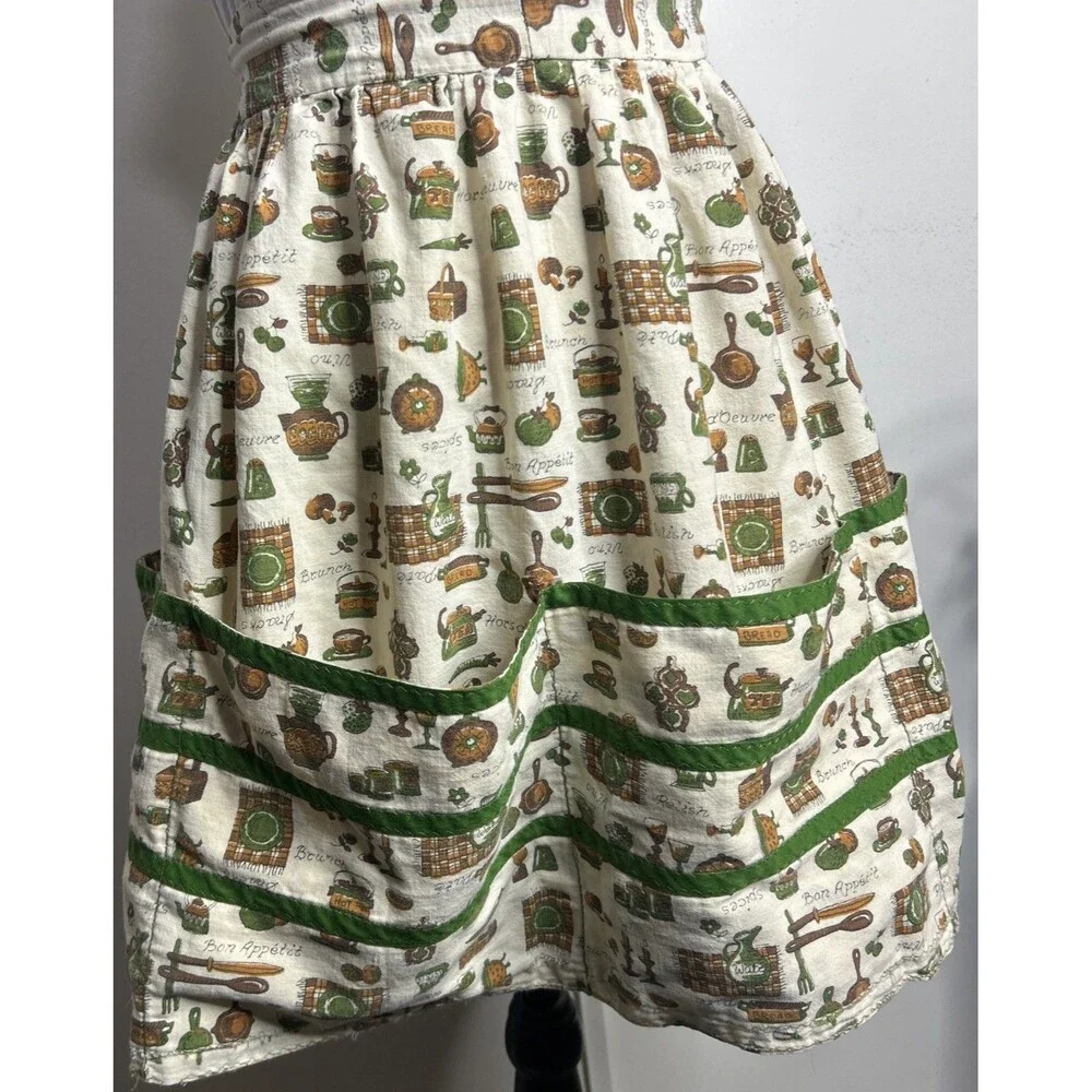 Vintage Retro Half Apron 1970's w/ Kitchen Theme Mushrooms Green Brown Handmade